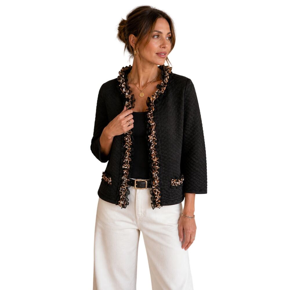 Chico’s Black Textured Cotton Jacket with Ruffle Trim – Size 0 (S/P Equivalent)